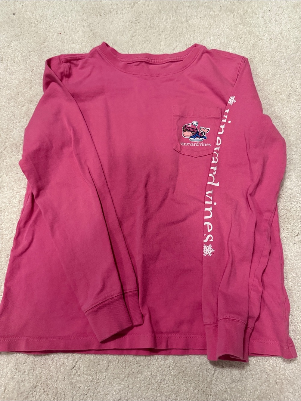 Vineyard Vines Girls Bright Pink Long Sleeve Pocket Tee with Sleeve Logo